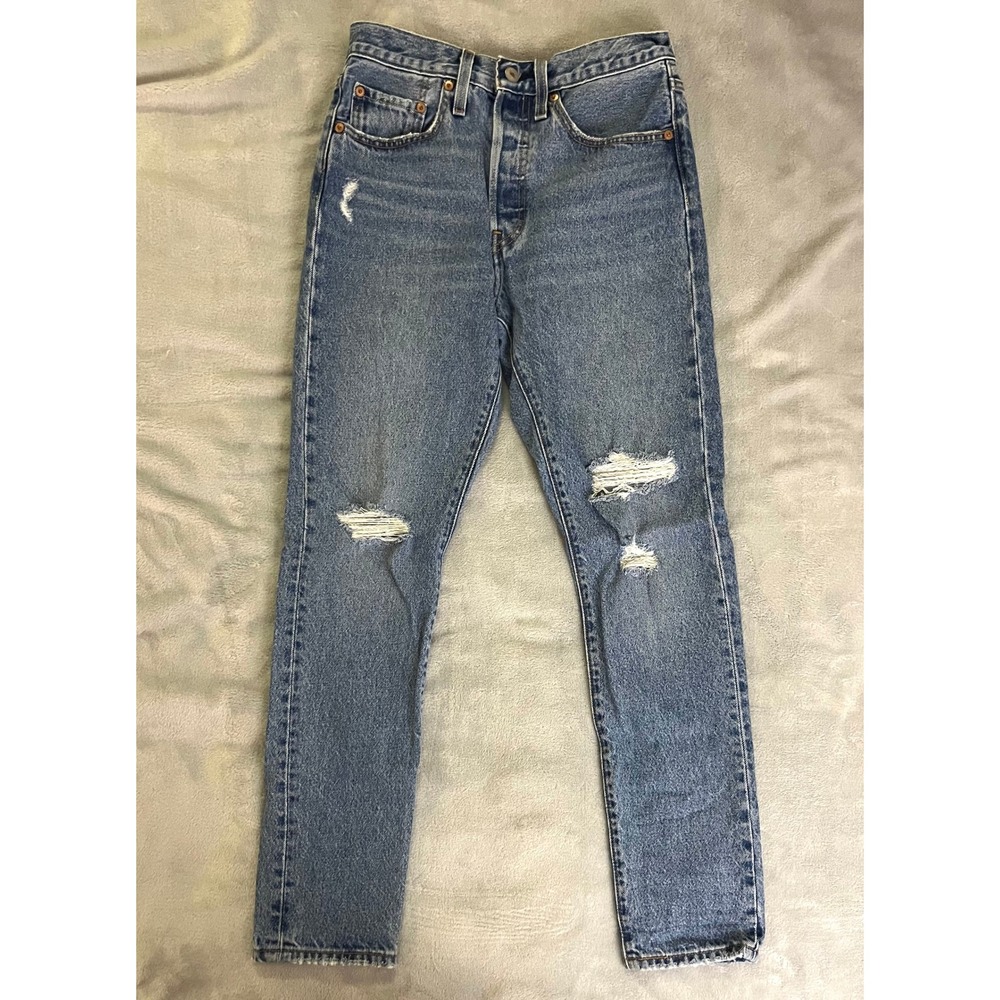Levis 501 S Mens 26x30 Distressed Blue Denim Button Fly Skinny Jeans 100% Cotton